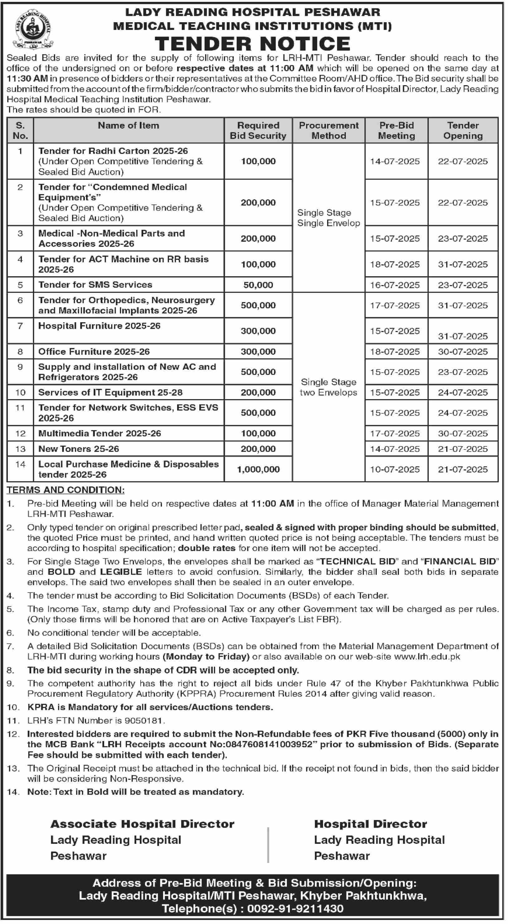 Lady Reading Hospital Peshawar Tender Notice